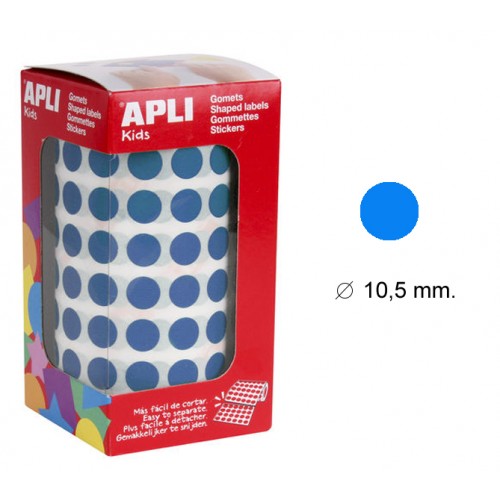 Gomet apli en formato redondo de 10,5 mm. de diámetro en color azul, rollo de 5.192 uds.