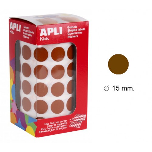 Gomet apli en formato redondo de 15 mm. de diámetro en color marrón, rollo de 2.832 uds.