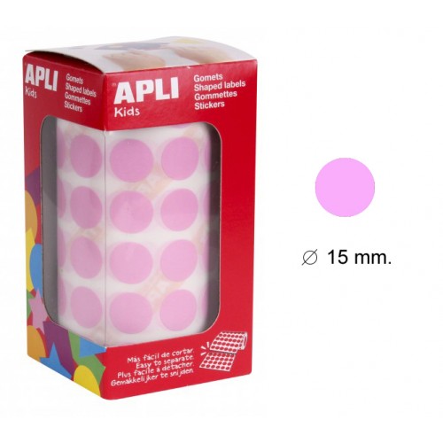 Gomet apli en formato redondo de 15 mm. de diámetro en color rosa, rollo de 2.832 uds.