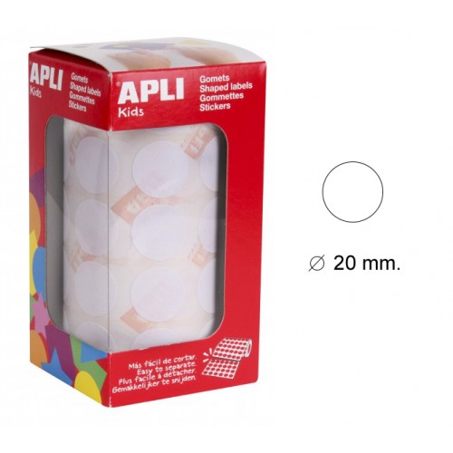 Gomet apli en formato redondo, Ø 20 mm. blanco, rollo de 1.770 uds.