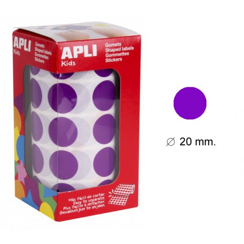 Gomet apli en formato redondo de 20 mm. de diámetro en color lila, rollo de 1.770 uds.