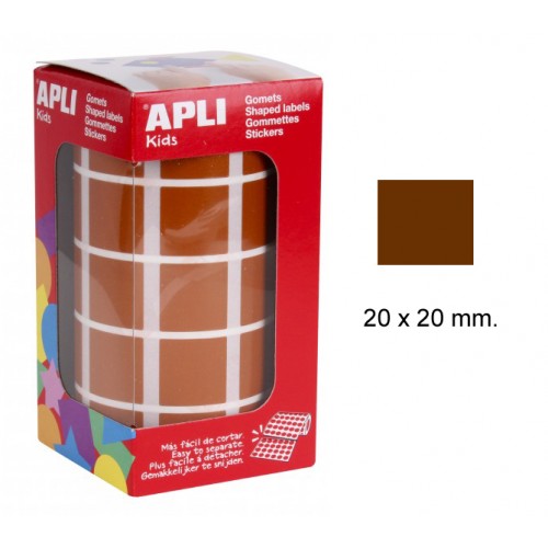Gomet apli en formato cuadrado de 20x20 mm. en color marrón, rollo de 1.770 uds.