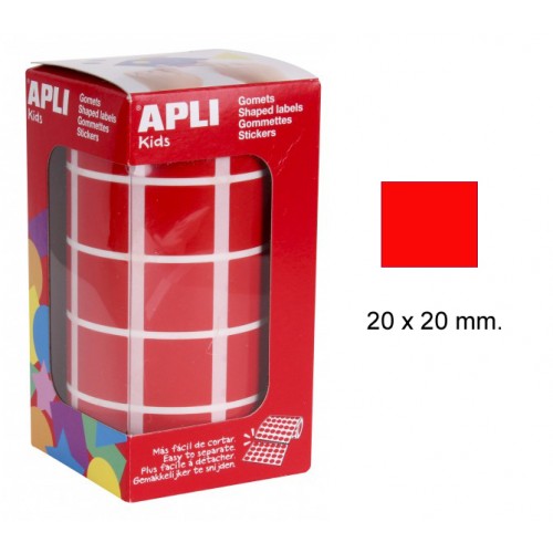 Gomet apli en formato cuadrado de 20x20 mm. en color rojo, rollo de 1.770 uds.