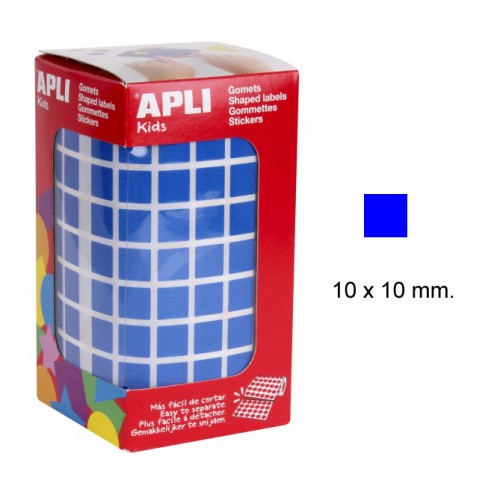 Gomet apli en formato cuadrado de 10x10 mm. en color azul, rollo de 6.372 uds.