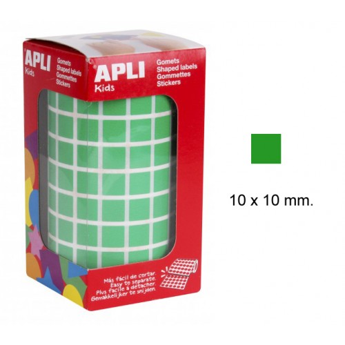 Gomet apli en formato cuadrado de 10x10 mm. en color verde, rollo de 6.372 uds.