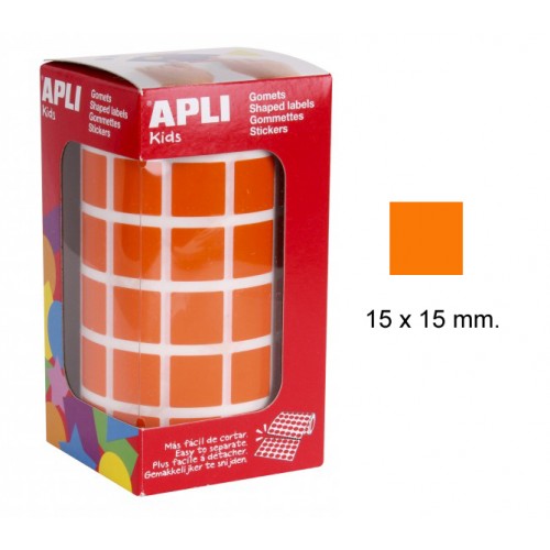 Gomet apli en formato cuadrado de 15x15 mm. en color naranja, rollo de 2.832 uds.