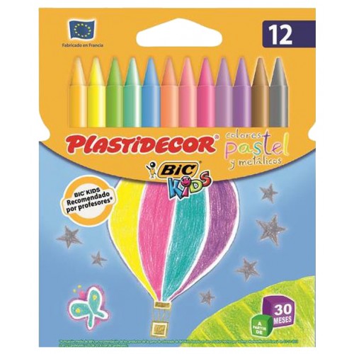 Lápiz de cera bic kids plastidecor pastel en colores surtidos, estuche de 12 uds.