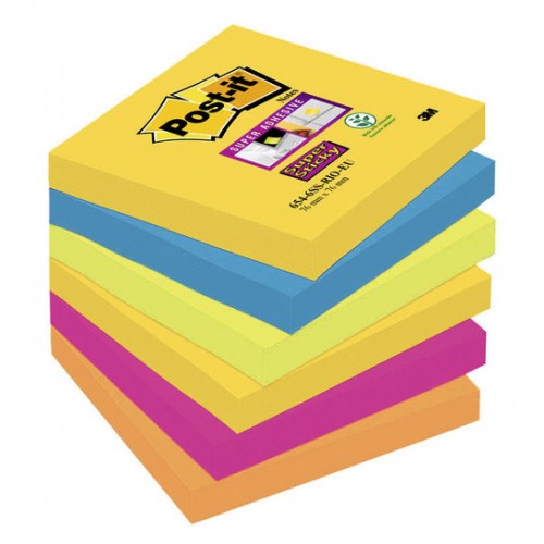 Bloc de notas adhesivas 3m post-it super sticky 76x76 mm. color río de janeiro, pack de 6 blocs.