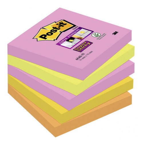 Pack de 5 blocks de notas post-it super-sticky en colores intensos neón de 76x76 mm.