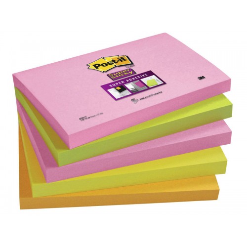 Bloc de notas adhesivas 3m post-it super-sticky 655, 76x127 mm. colores surtidos cape town, pack de 5 blocs