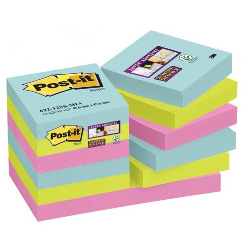 Bloc de notas adhesivas 3m post-it super sticky 47,6x47,6 mm. color miami, pack de 12 blocs.