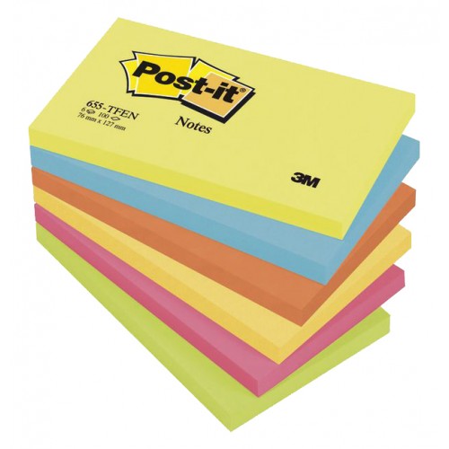 Bloc de notas adhesivas 3m post-it 655, 76x127 mm. colores surtidos energetic, pack de 6 blocs