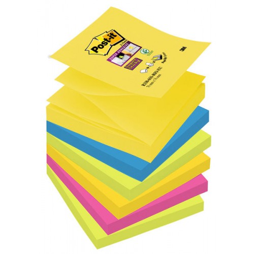 Bloc de notas adhesivas 3m post-it super sticky z-notes, 76x76 mm. colores surtidos río de janeiro, pack de 6 blocs