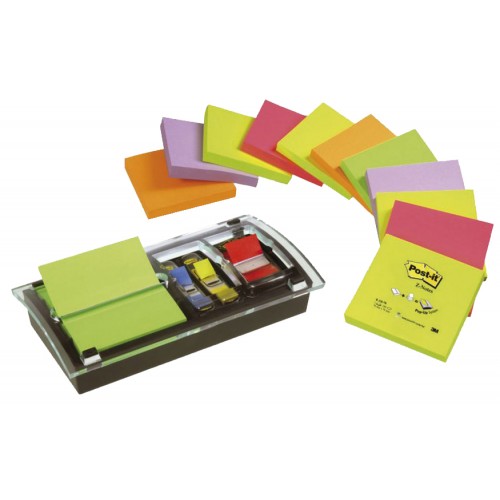 Dispensador de notas adhesivas 3m post-it z-notes, 76x76 mm. + marcapáginas 3m post-it index,11,9x43,1 mm. y 25,4x43,2 mm.