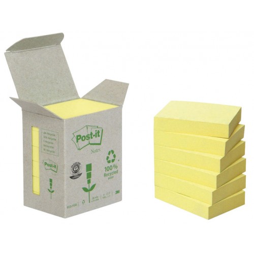 Bloc de notas adhesivas 3m post-it recicladas 653, 38x51 mm. amarillo, mini torre de 6 blocs