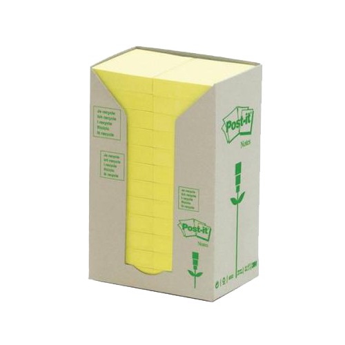 Bloc de notas adhesivas 3m post-it recicladas 653, 38x51 mm. amarillo, torre de 24 blocs
