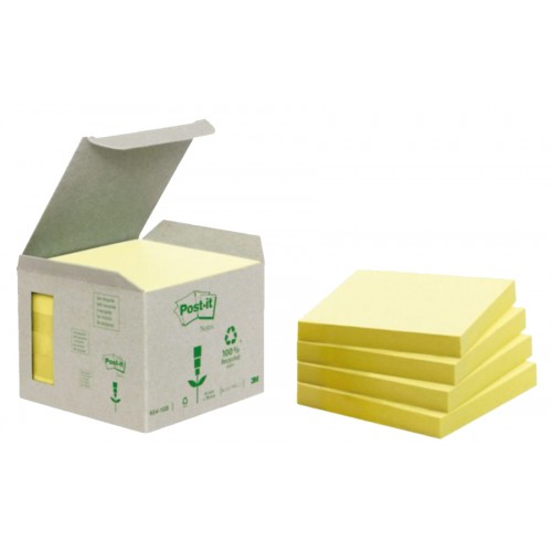 Bloc de notas adhesivas 3m post-it recicladas 654, 76x76 mm. amarillo, mini torre de 6 blocs