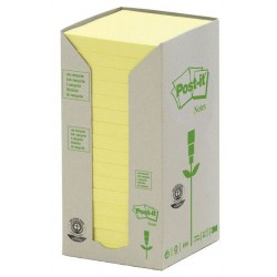 Bloc de notas adhesivas recicladas 3m post-it linea verde 653-1t 38x51 mm. en color amarillo, torre de 24 blocs.
