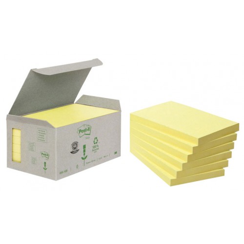 Bloc de notas adhesivas recicladas 3m post-it linea verde 655-1b 76x127 mm. en color amarillo, torre de 6 blocs.