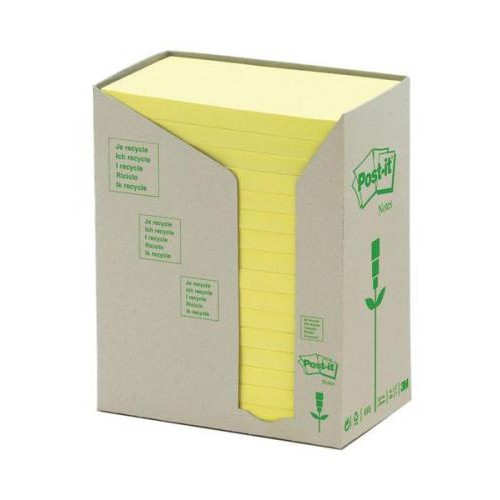 Bloc de notas adhesivas recicladas 3m post-it linea verde 655-1t 76x127 mm. en color amarillo, torre de 16 blocs.