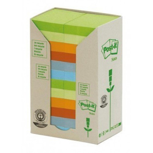 Bloc de notas adhesivas 3m post-it recicladas 653, 38x51 mm. colores surtidos pastel, torre de 24 blocs