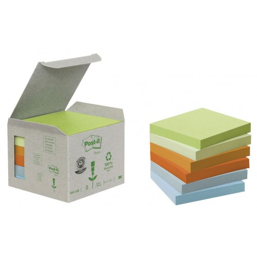 Bloc de notas adhesivas 3m post-it recicladas 654, 76x76 mm. colores surtidos pastel, mini torre de 6 blocs