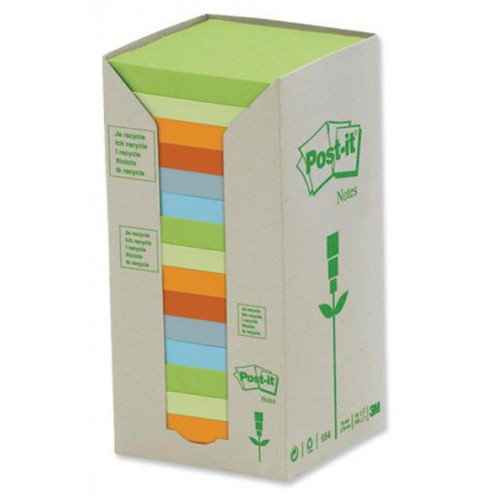 Bloc de notas adhesivas recicladas 3m post-it linea verde 653-1t 38x51 mm. en color amarillo, torre de 24 blocs.