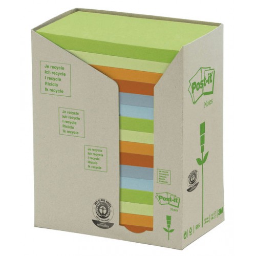 Bloc de notas adhesivas recicladas 3m post-it linea verde 655-1t 76x127 mm. en color amarillo, torre de 16 blocs.