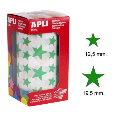 Gomet apli en forma de estrella de diferentes tamaños en color verde, rollo de 2.360 uds.