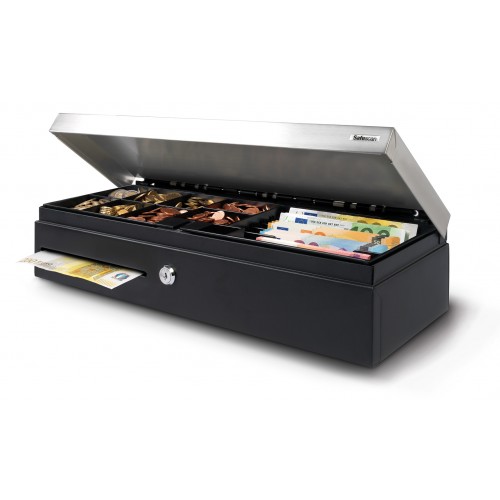 Cajón portamonedas safescan SD-4617S con tapa vertical abatible.