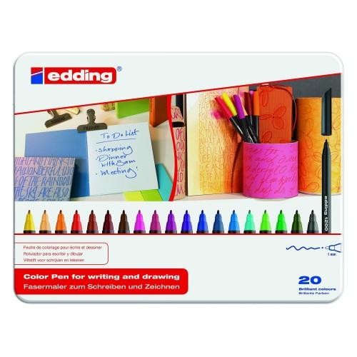 Rotulador punta de fibra edding 1200, colores surtidos, caja de metal con 20 uds.