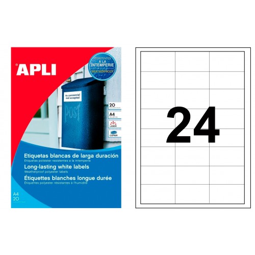 Etiqueta blanca mate de poliéster cantos rectos apli, 64,6x33,8 mm. blíster de 20 hojas din a4