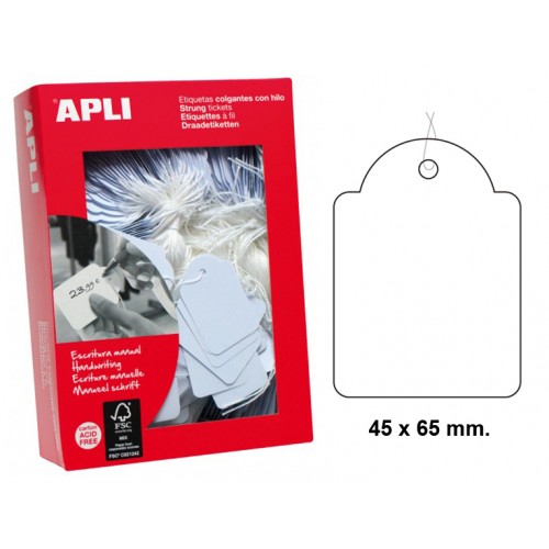 Etiqueta colgante con hilo de escritura manual apli, 45x65 mm. cartulina de 200 grs/m². en color blanco, caja de 400 uds.