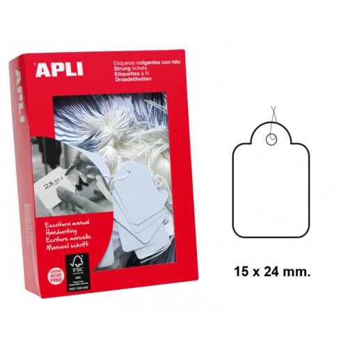 Etiqueta colgante con hilo de escritura manual apli, 15x24 mm. cartulina de 200 grs/m². en color blanco, caja de 1.000 uds.