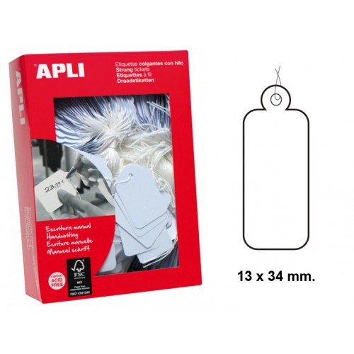 Etiqueta colgante con hilo de escritura manual apli, 13x34 mm. cartulina de 200 grs/m². en color blanco, caja de 1.000 uds.