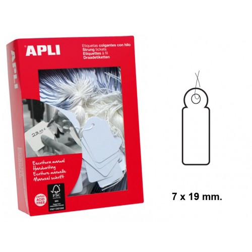 Etiqueta colgante con hilo de escritura manual apli, 7x19 mm. cartulina de 200 grs/m². en color blanco, caja de 1.000 uds.