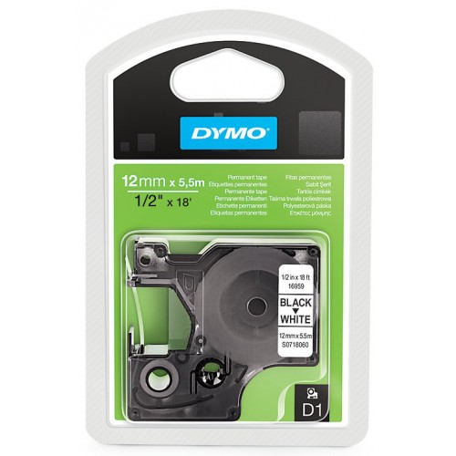 Cinta dymo d1, 12 mm. x 5,5 mts. poliéster con adhesivo permanente, negro/blanco