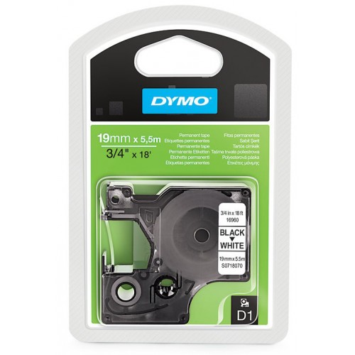 Cinta dymo d1, 19 mm. x 5,5 mts. poliéster con adhesivo permanente, negro/blanco