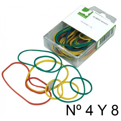 Gomas elásticas q-connect de 40 mm y 80 mm. en colores surtidos, caja de plástico rígido de 15 grs.