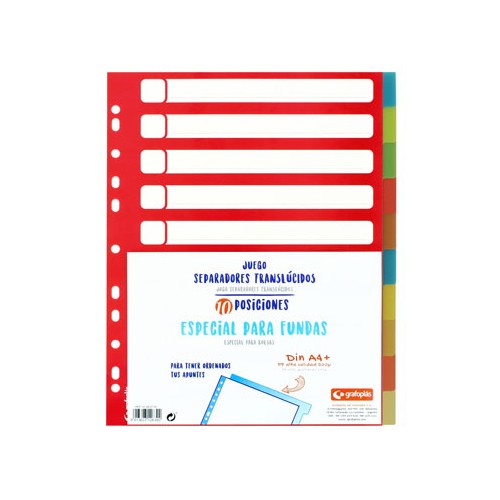 Separador 10 posiciones en polipropileno extra con multitaladro, especial fundas grafoplas din a4, colores surtidos traslúcidos