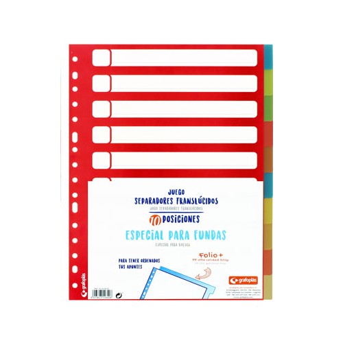 Separador 10 posiciones en polipropileno extra con multitaladro, especial fundas grafoplas folio, colores surtidos traslúcidos
