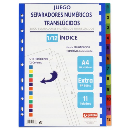 Separador numérico 1-12 en polipropileno extra con multitaladro grafoplas din a4, colores surtidos traslúcidos