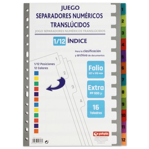 Separador numérico 1-12 en polipropileno extra con multitaladro grafoplas folio, colores surtidos traslúcidos
