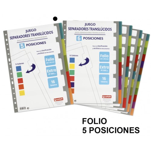 Separador 5 posiciones en polipropileno extra con multitaladro grafoplas folio, colores surtidos traslúcidos