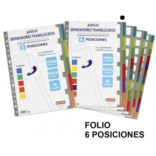 Separador 6 posiciones en polipropileno extra con multitaladro grafoplas folio, colores surtidos traslúcidos
