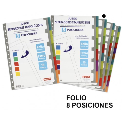 Separador 8 posiciones en polipropileno extra con multitaladro grafoplas folio, colores surtidos traslúcidos