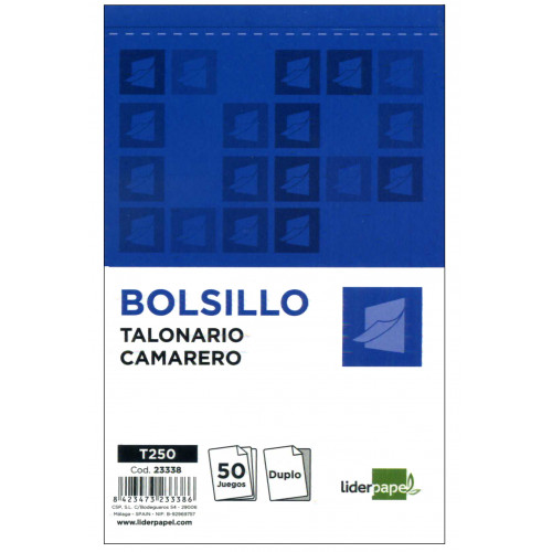 Talonario camarero original y copia liderpapel, bolsillo natural, 85x135 mm.