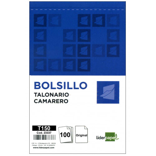 Talonario camarero original liderpapel, bolsillo natural, 85x135 mm.