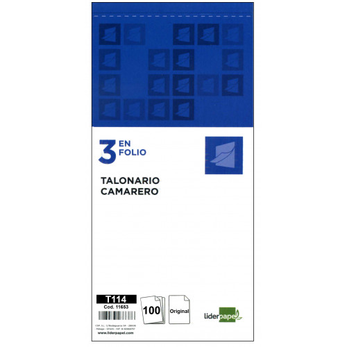 Talonario camarero original liderpapel, 3 en folio natural, 102x205 mm.