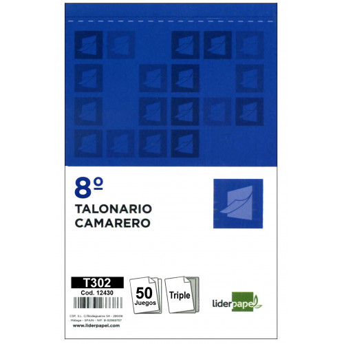 Talonario camarero original y 2 copias liderpapel, 8º natural, 105x155 mm.